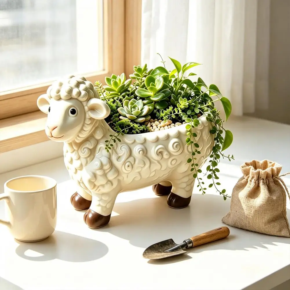 Curly Sheep Planter Pot, Resin Cute Lamb Flower Pot, Decorative Animal Plant Pot for Succulents Cacti Home Decoration