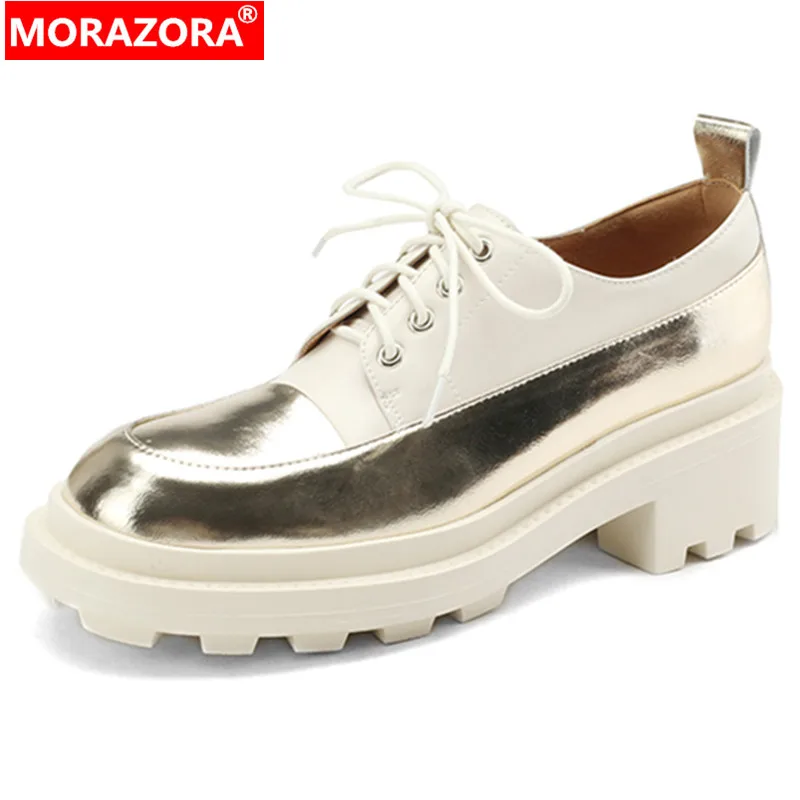 

MORAZORA 2024 New Genuine Leather Platform Shoes Woman Narrow Band Ladies Casual Pumps Square High Heels Single Shoes