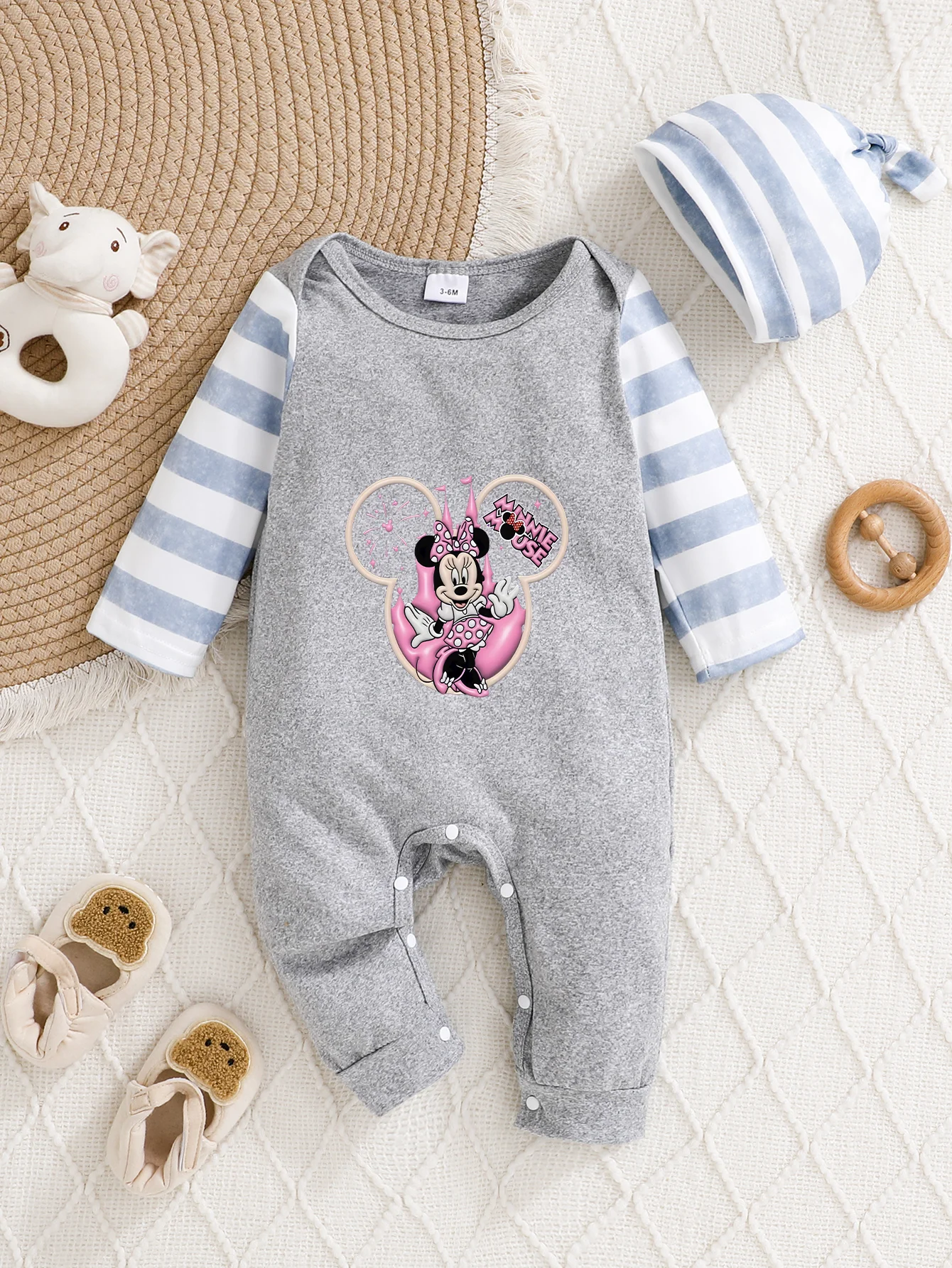 

【Официально авторизованный】 Комбинезон с капюшоном Disney Minnie Baby | Уютный тканевый розовый серый комбинезон с принтом «Мини Маус»