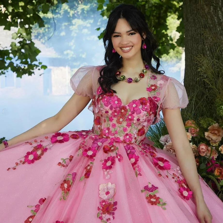 Vestido de quinceañera Floral 3D rosa fucsia, chaqueta con hombros descubiertos, bordado de flores, brillante, 15