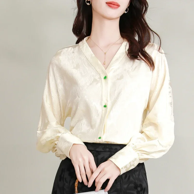 

Satin Chinese Style Women's Shirt Flower Vintage Blouses Silk Clothing Loose Spring/Summer Long Sleeves Women Tops 2024 Korean