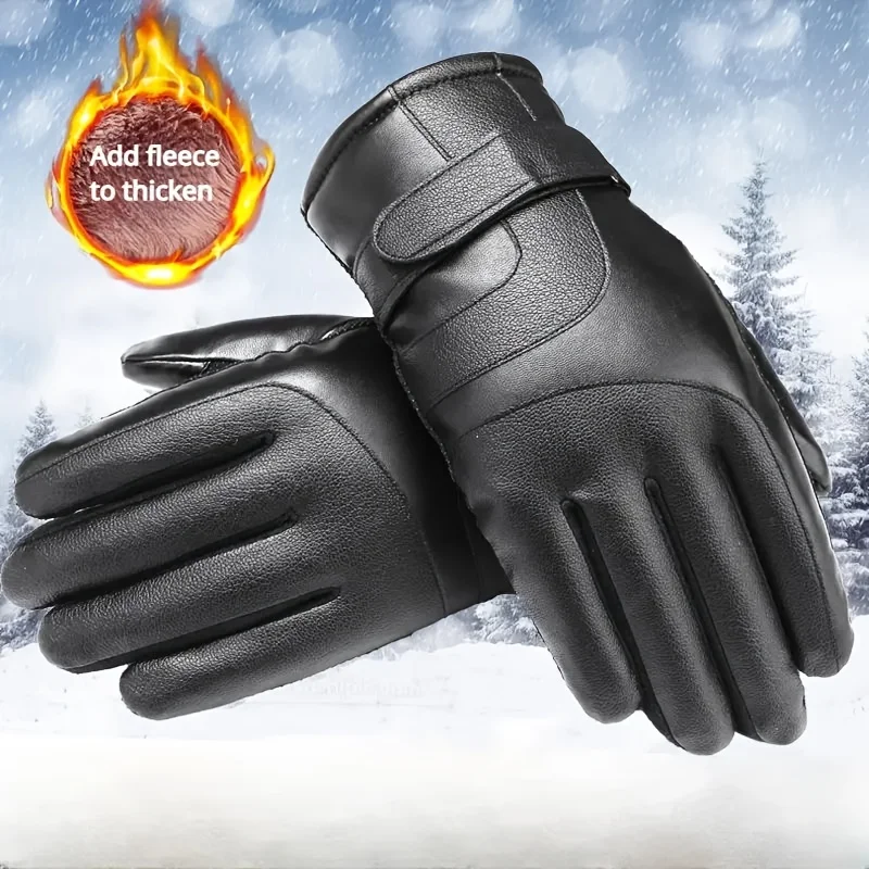 Winter New Leather Motorcycle Gloves Black Thick Velvet Cold Resistant Gloves For Cycling Motorcycle Outdoor Windproof Mittens
