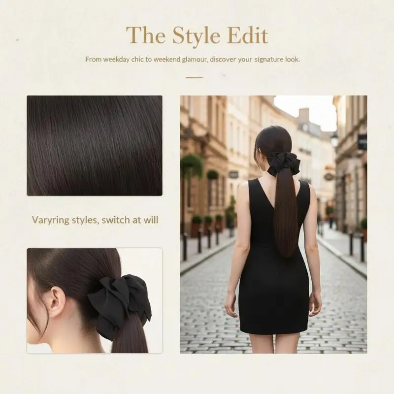 Soft Silky Straight Bow Ponytail Wig Lazy Clip-in Integrated Headwear for Photography Shooting