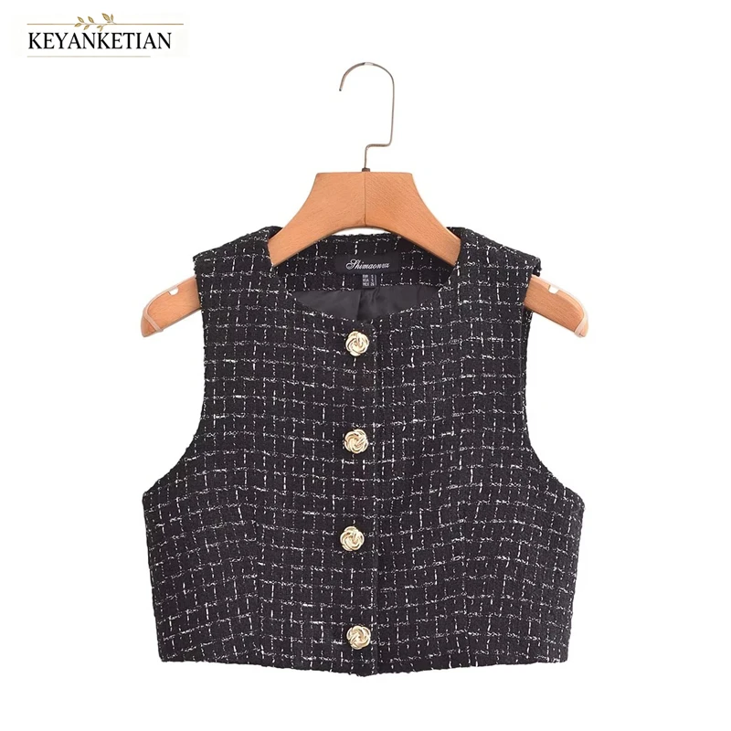 KEYANKETIAN 2026 Elegant Tweed Vest Women Round Neck Sleeveless Rose Metal Button Front Cropped Waistcoat Casual Outer Top
