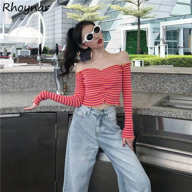 T-shirts Women Slim Fit Hotties Long Sleeve Slash Neck Backless Ruffles Elegant Ladies Sexy Style Off Shoulder Fashion Sweet