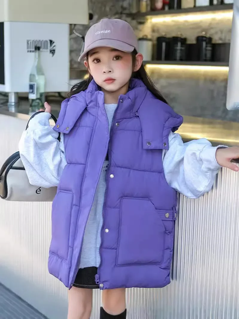 

Thick Warm Vest Girls Winter Cotton Padded Waistcoat Kids Hooded Long Clothes 2025 Children Sleeveless Jacket TR285