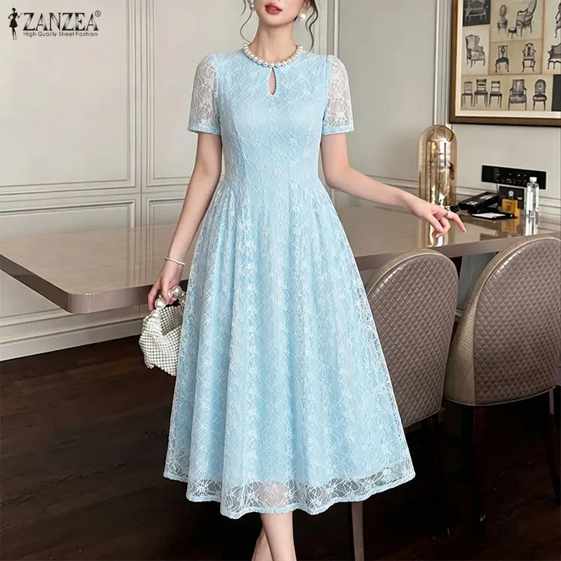 ZANZEA 2026 Sommer Elegantes Kurzarm-Partykleid für Damen mit Aushöhlungen, Besticktes Kleid, Stilvolles Spitzen-Patchwork-Arbeitskleid