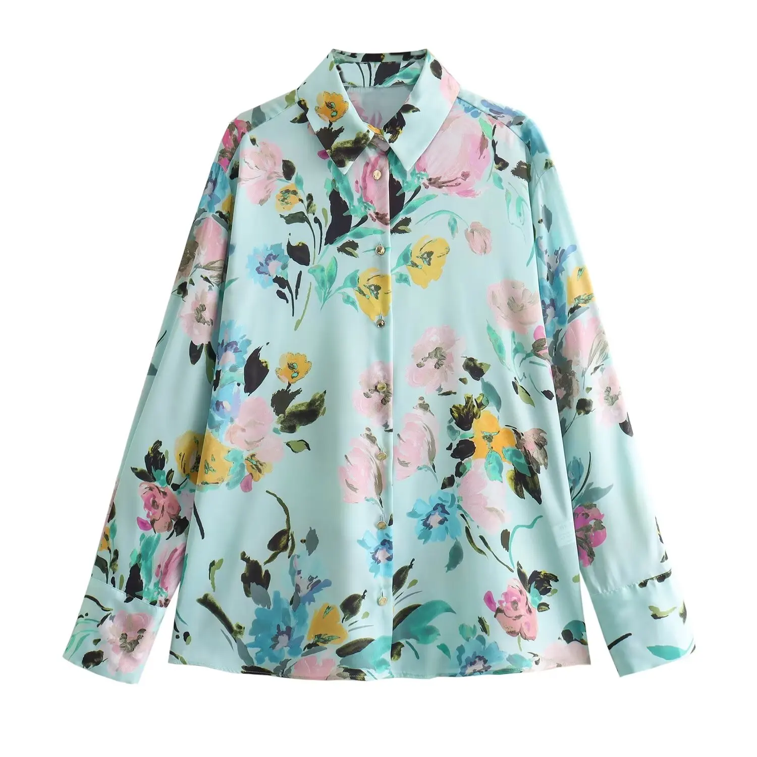 Taop & Za New Flower Shirt da donna popeline Texture Satin Printed Casual Top a maniche lunghe