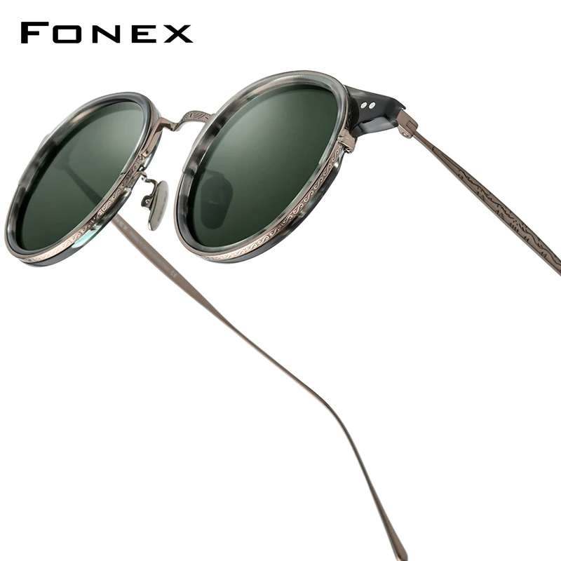FONEX Acetate Titanium Polarized Sunglasses Men New Brand Design Retro Vintage Round Sun Glasses for Women Japanese Shades 850