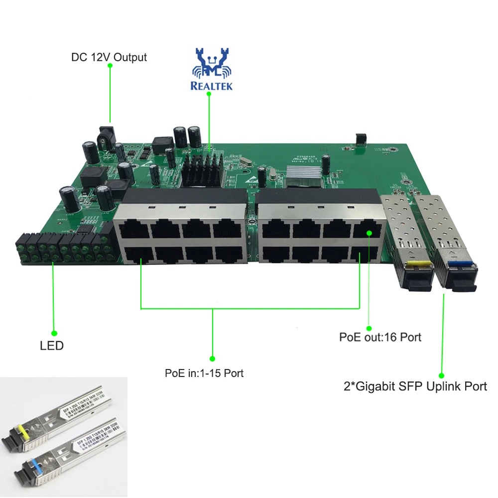 Gigabit 16 พอร์ต VLAN GPON/EPON Solution Reverse POE Switch พร้อม 2 พอร์ต SFP PCBA สําหรับสวิตช์เครือข่าย
