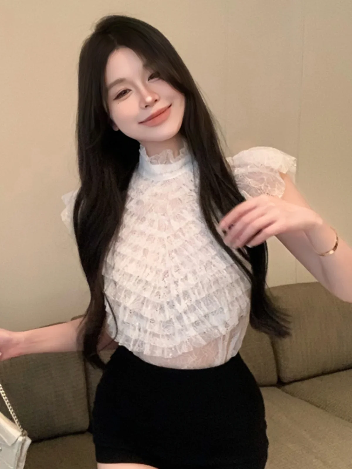 Korejpaa Blouses Joker Perspective Mesh Fungus Shirts Elegant Korean Style Ladies Tops 2024 Spring Summer Ruffled Collar Clothes