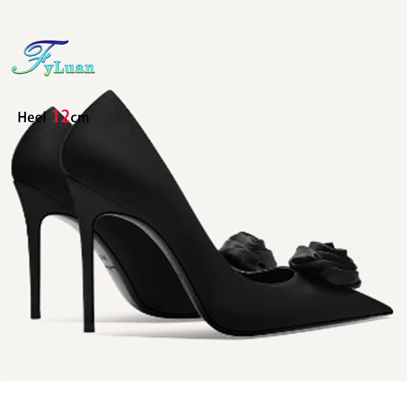 

Черные женские туфли на высоком каблуке 12 см, 10 см, 8 см, женские туфли-лодочки на тонком каблуке с шелковым цветком и острым носком, вечерние туфли на шпильке с неглубоким носком