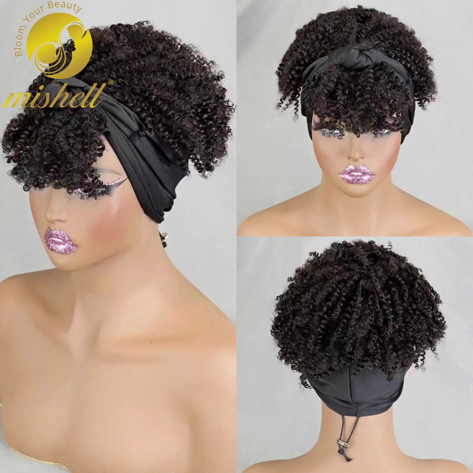 

Natural Afro Kinky Curly Scarf Wig with Bangs Machine Made Wig Curly 100% Human Hair Wig Preplucked 200% Density for Black Women