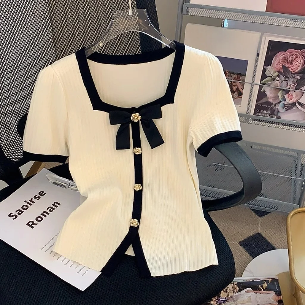 

Летний вязаный топ из тонкого ледяного шелка, женский квадратный воротник ort Sve ort Sle, роскошный маленький ароматный Sle белого цвета