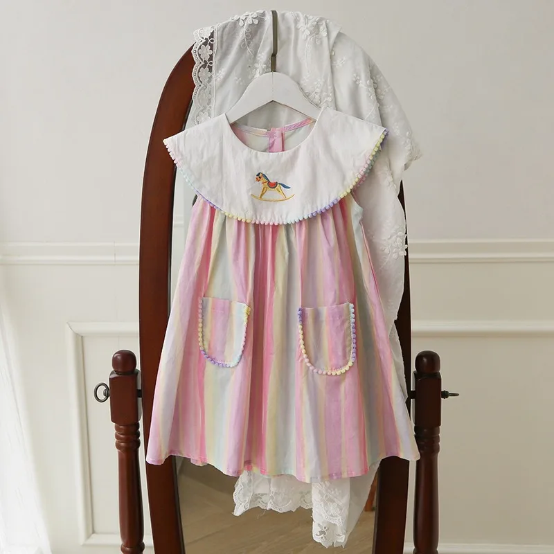 

2024 Summer Baby Girl Clothes Collar Embroidered Rainbow Cotton Dress Newborn Baby Beautiful Sleeveless Dress