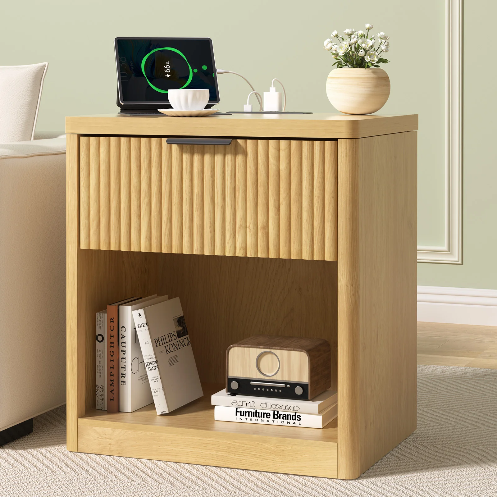 22'' Fluted Nightstand with Charging Station, Modern Bedside Table, End Table with 1 Drawer & Open Compartment for Bedroom