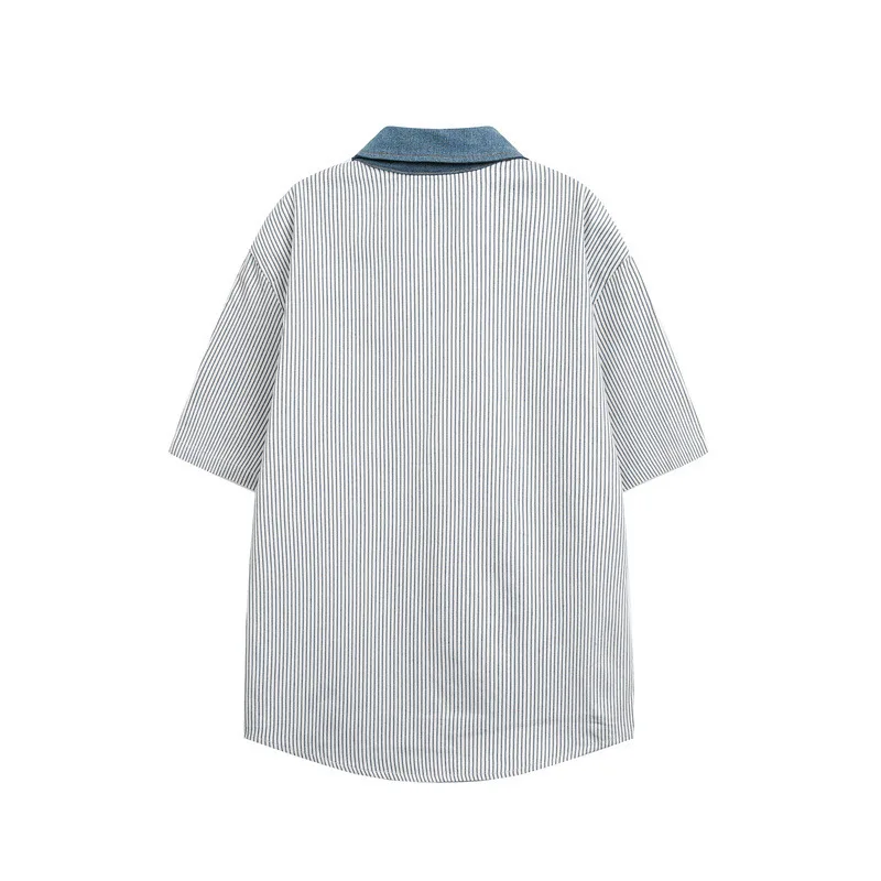 WVGA Summer New Men's Color-Block Turn-Down Collar Trendy Short Sleeve Shirt Niche Chic Casual Striped Loose-Fit Tops Ins W24041
