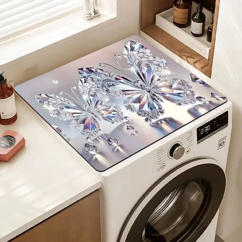 VIKAMA Crystal Gem Butterfly Washing Machine Top Mat Silver Jewel 3D Sparkle Floral Water Resistant Non Slip Kitchen Balcony