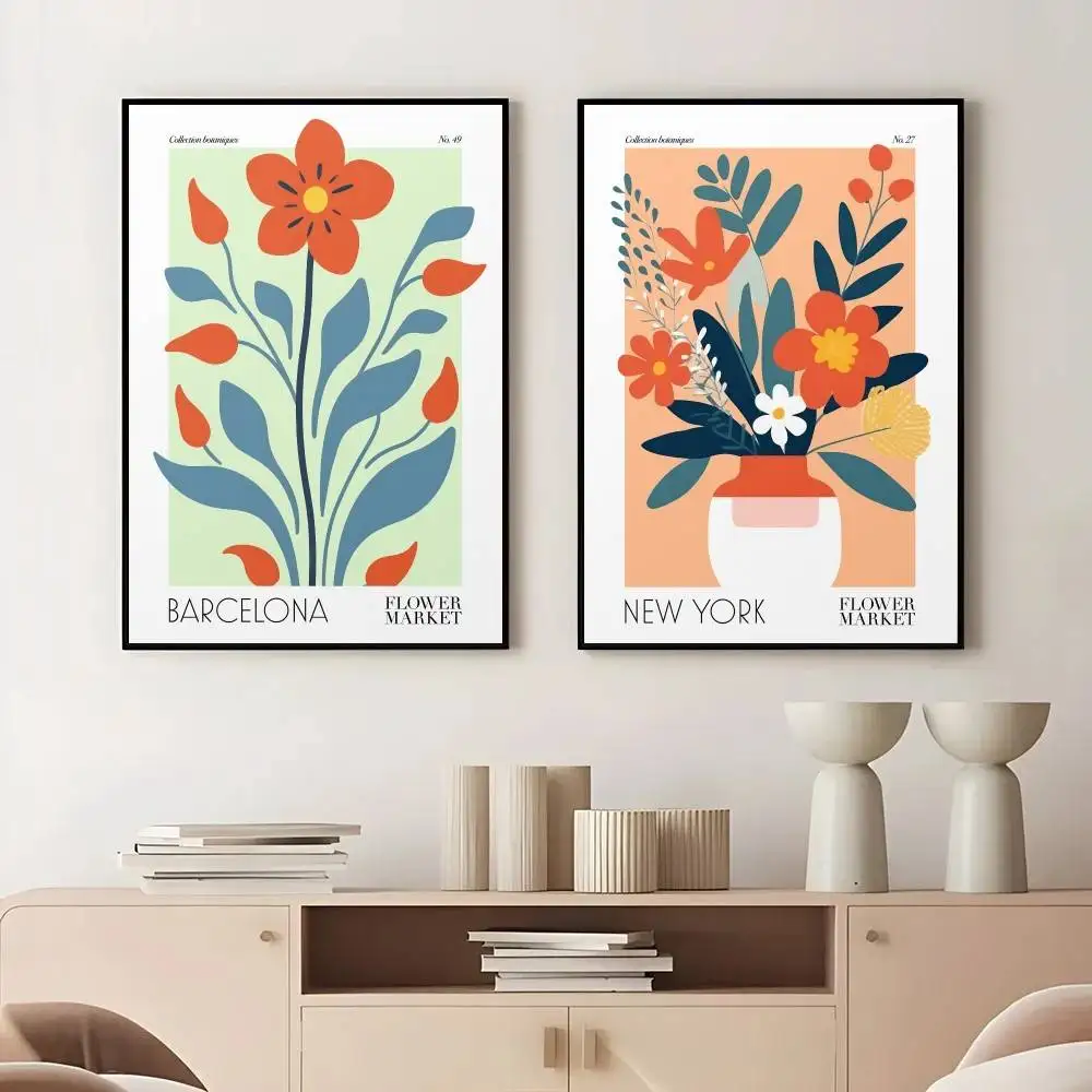 Minimal City Floral Market Poster Flower Leaf Illustration Pastel Background Boho Living Room Unframed Wall Decor Art