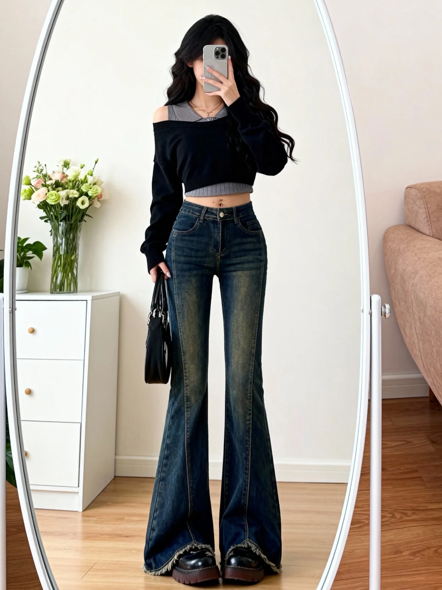 Jean rétro bleu doublé en Fce pour femme, taille haute, cloche Bot, grande taille, amincissant, couvrant les hanches, pantalon évasé élastique, automne hiver