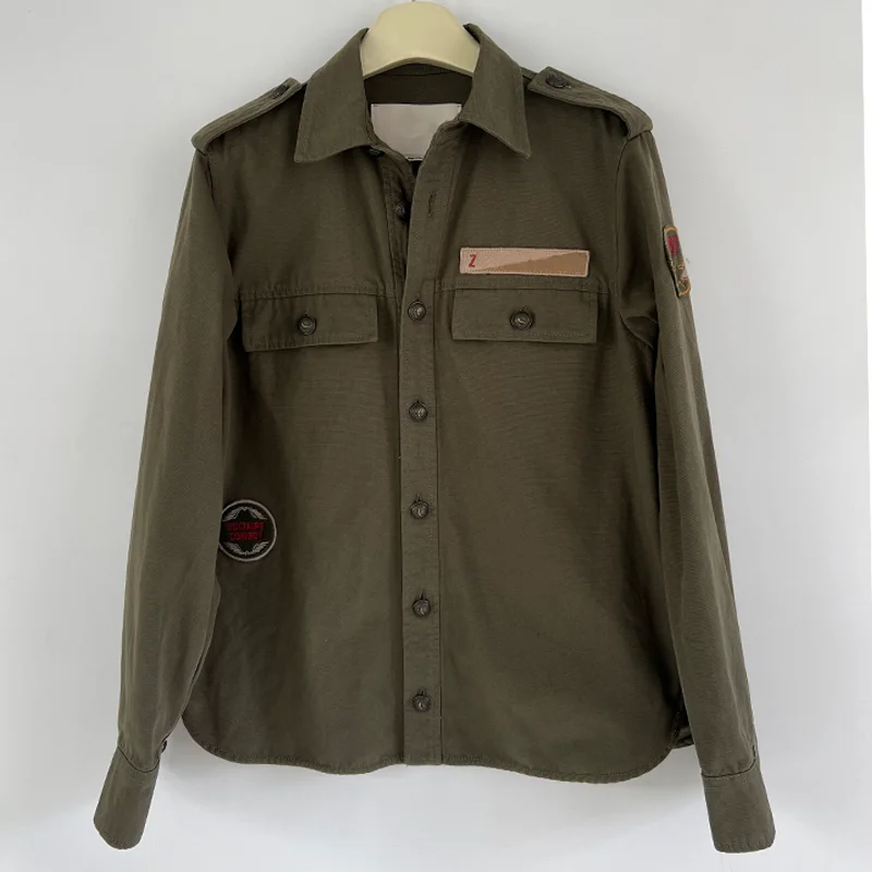 

Women Olive Green Shirt Button Epaulet Tops Female Letter Badge Shirts Lady Pockets Lapel Thin Jacket Causal Lady Outdoor Coat