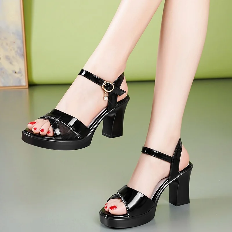 DRKANOL Fashion Summer High Heel Sandals Women Peep Toe Split Leather Mesh Buckle Strap Rhinestone Thick Heel Casual Sandals