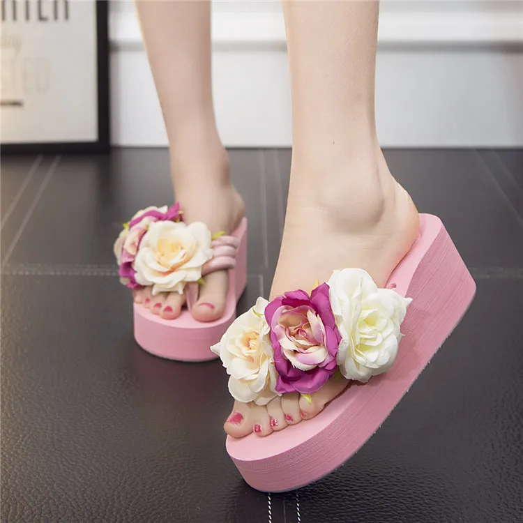 Ladies Slippers Summer Flip Flop Flowers decoration Female Flip flops High heels EVA Flip flops Bohemia Beach Slippers Shoes