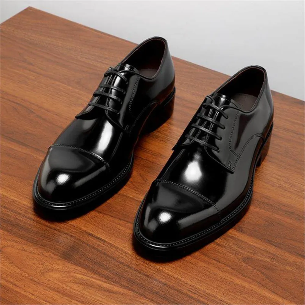Men's Premium Shined Cap Toe Oxfords Genuine Leather British Pointed Toe Derby Shoes Business Formal Groom Shoes for Summer