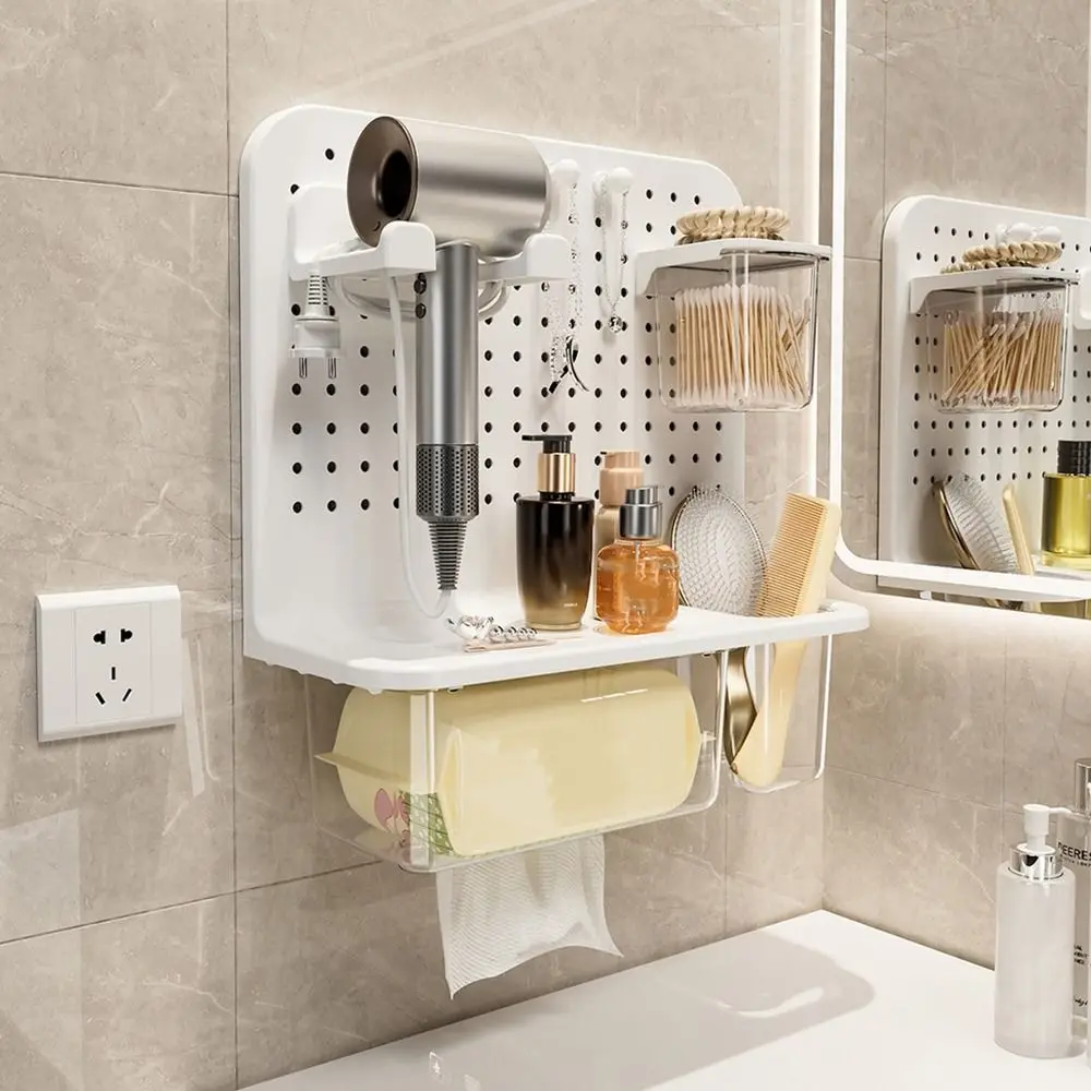 

Plastic Hair Dryer Rack Wall Mounted Large Capacity Wash Face Tissue Box Punch Free Space Saving Hole Board Shelf Bathroom