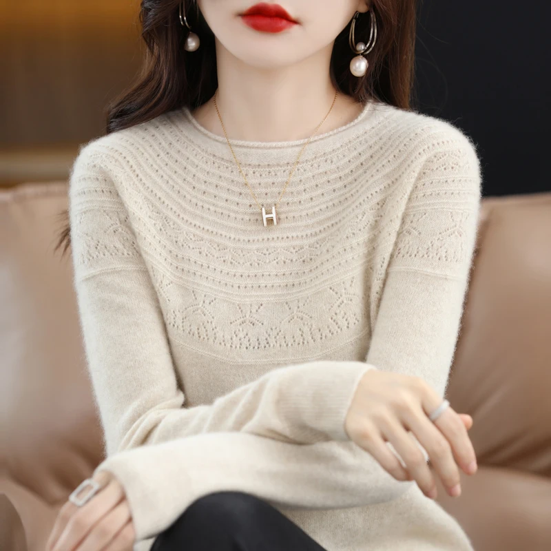 Round Necked Hollowed Out Wool Sweater Women\'s AutumnWinter Long Sleeved Solid Color Warm Pullover100%Merino Wool Jumper KnitTop