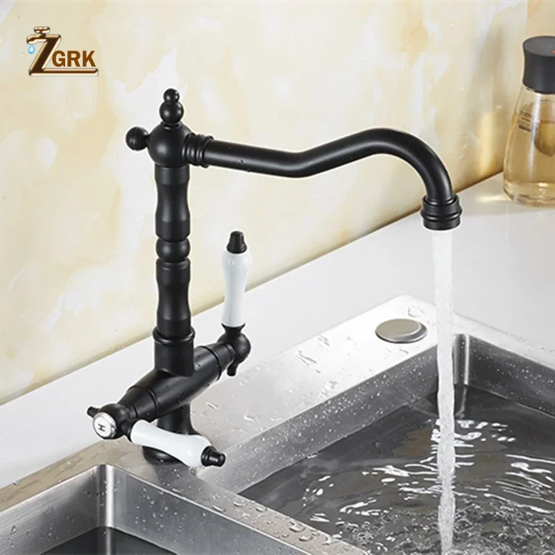 Double Handle Kitchen Sink Faucet Rotatable Single Hole Basin Faucet Gold Antique Chrome Black Kitchen Mixer Tap Retro Faucet