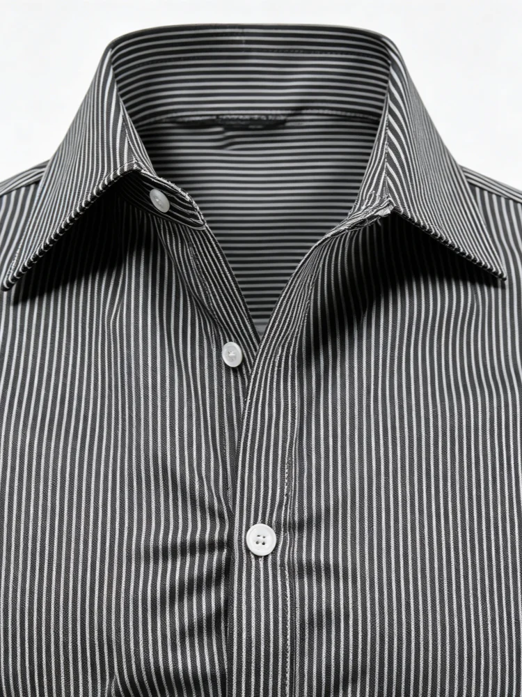 Men's Premium Black Grey Vertical Striped Cotton Long Sleeve Shirt, Pocket-Free Slightly Loose Draped Fit Button Down, Perfect F