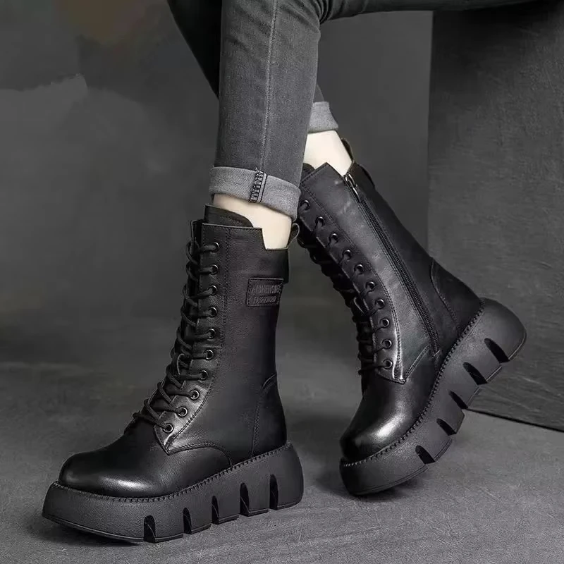 Short Plush 2025 Winter Female Ankle Boots Genuine Leather Cotton Boots Thick-soled Padded Women Shoes Warm Snow Boots Female