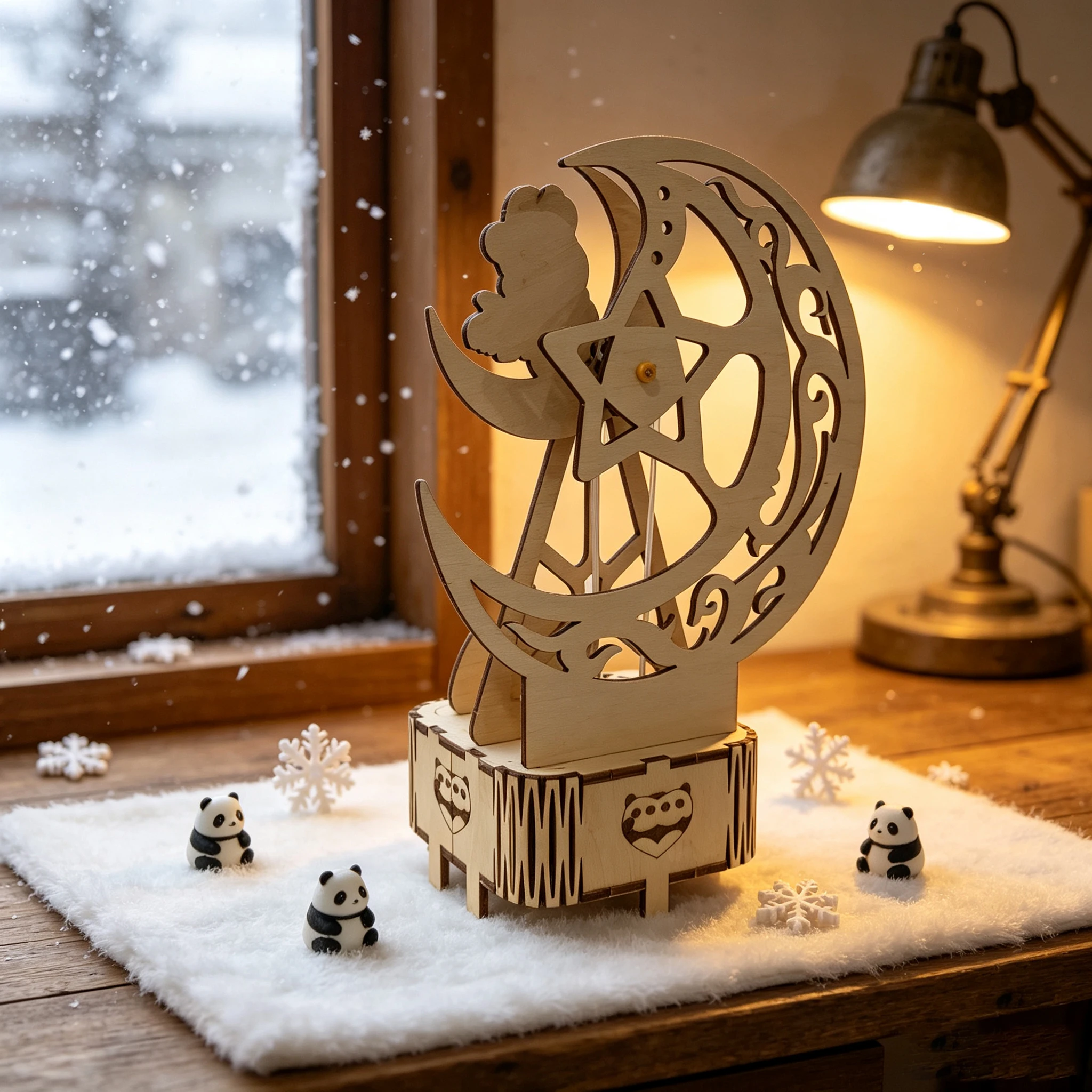 DIY Rotating Moon Ferris Wheel Panda 3D Wooden Puzzle Music Box, Hollow‑Carved Lunar‑Theme Desktop Decor Holiday Gift