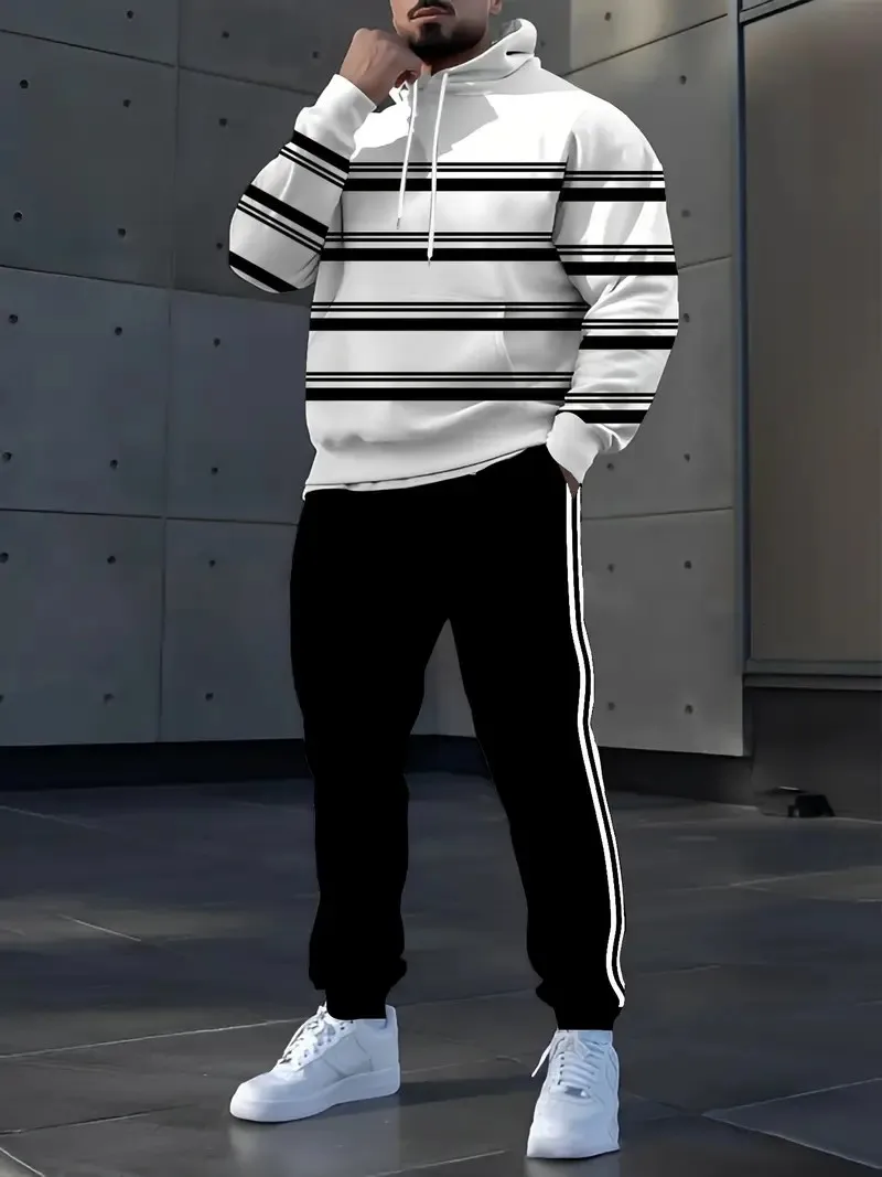 Ensemble de sweat à capuche à rayures pour hommes, survêtement confortable et décontracté, ample, Design Simple, vêtements de rue en plein air, automne hiver