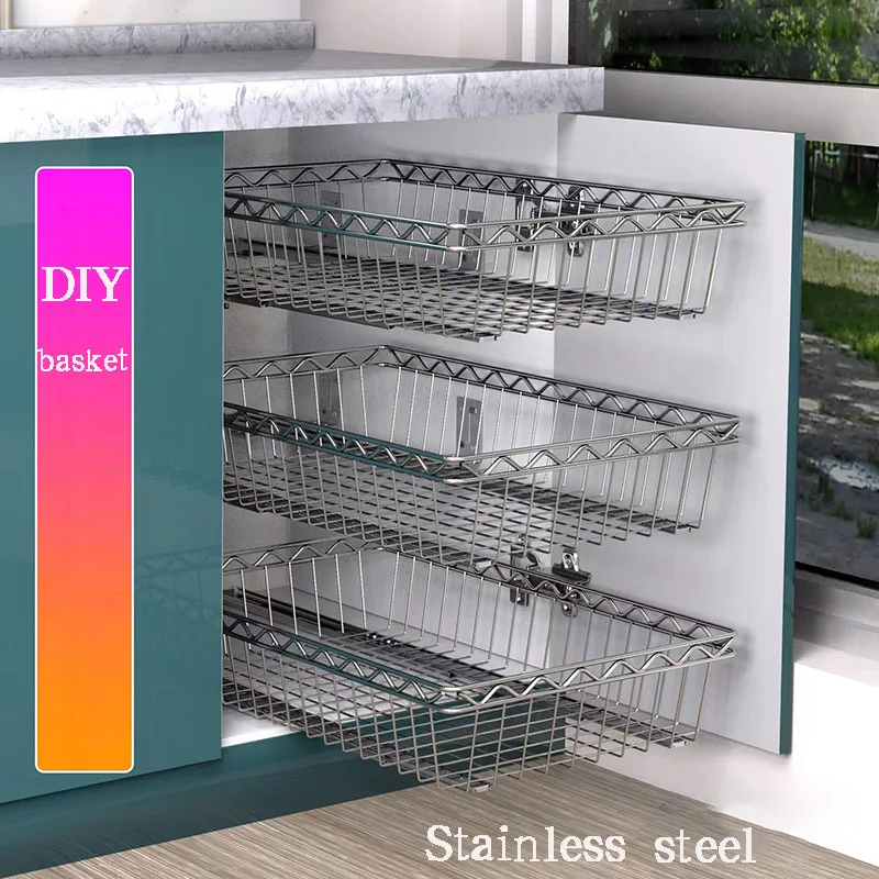 DIY Cupboard Drawer Basket Kitchen Storage Shelf Organizer Sliding Cabinet Pull Out Stainlesssteel Basket Drawer Type Mesh Baske