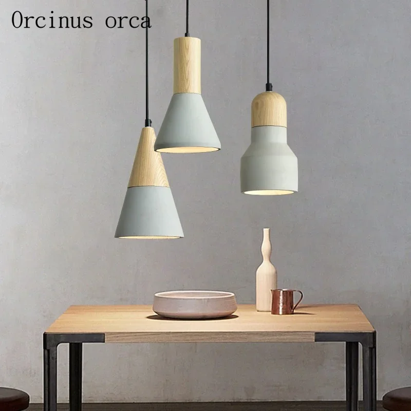 

Nordic creative cement chandelier dining bar bar corridor modern simple solid wood single head LED Chandelier free shipping