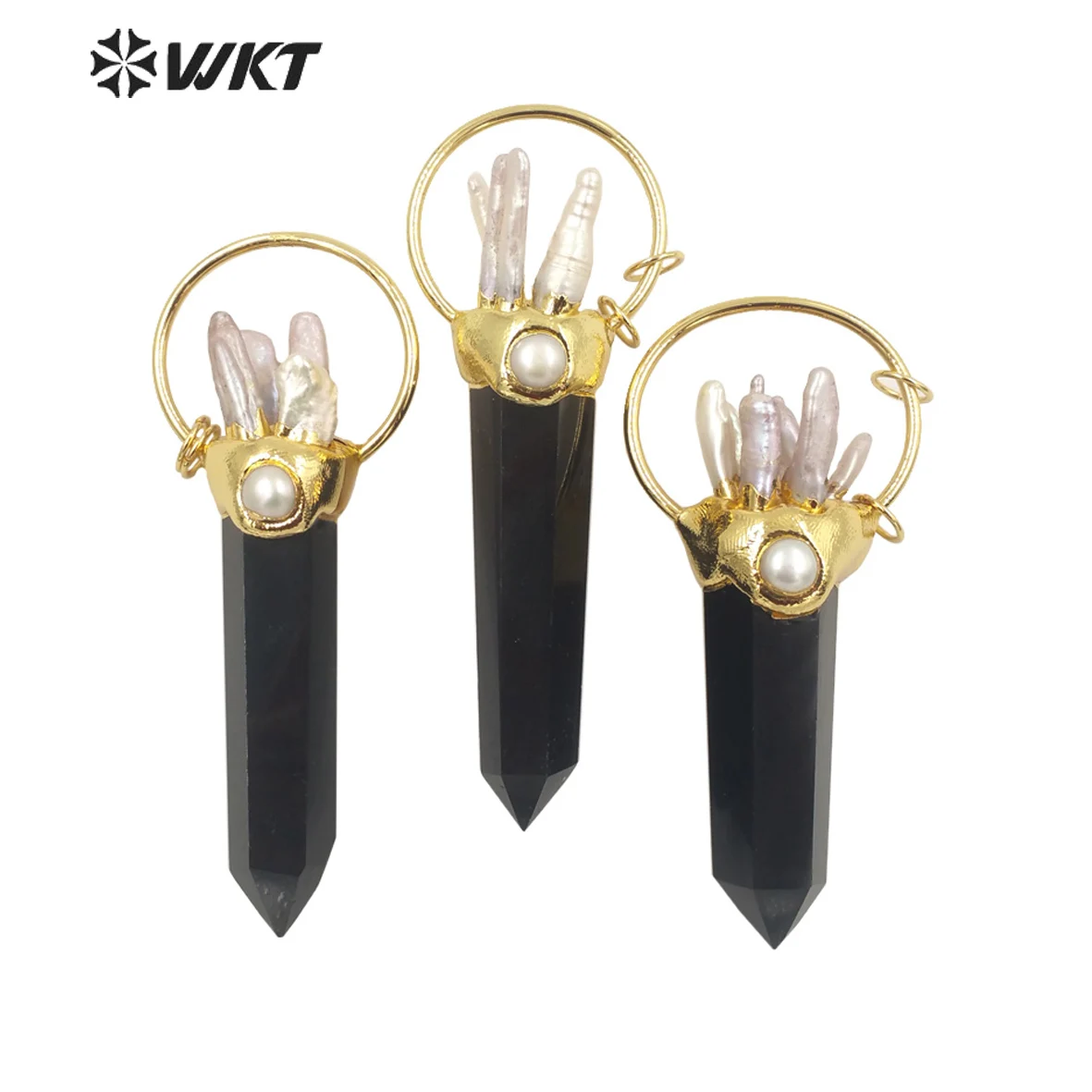 WT-P1679 Wholesale Fashion Gold Plated Cherry & Black Obsidian Pendant With Pearl Charm On Top Energy Hexagon Spirit Quartz