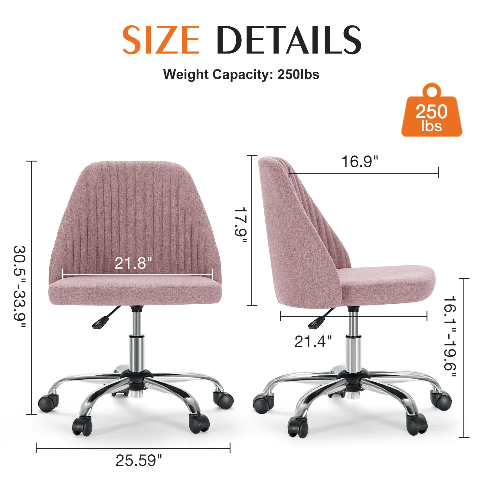 JHK Armless Small Desk Office Chair Cute Vanity Swivel Chair with Back Modern Fabric with Wheels Swivel Task Home Gaming Chair