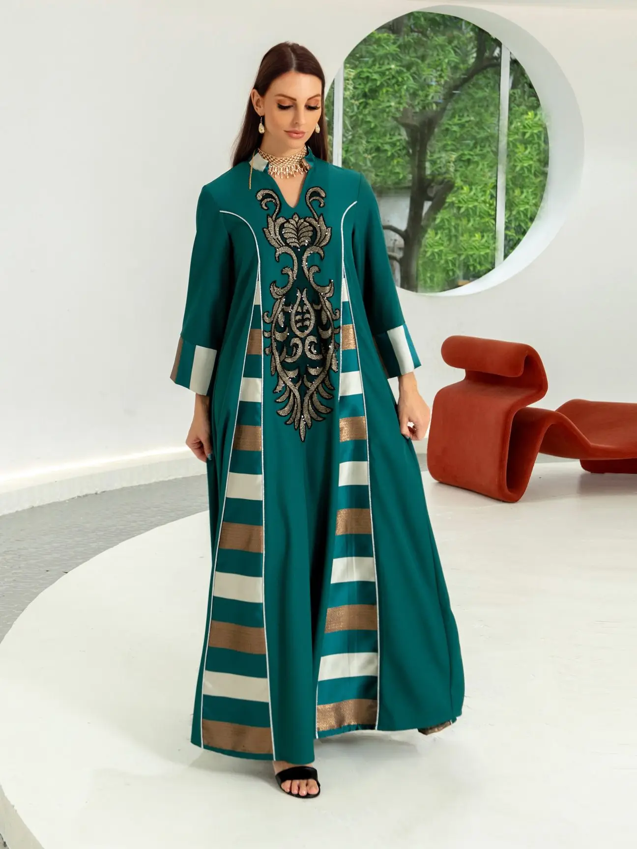 Fashion Sequined Beading Islam Muslim Dress Embroidery Caftan Dresses Women Djellaba Robe Longue Vetement Musulmane Femme Wy25