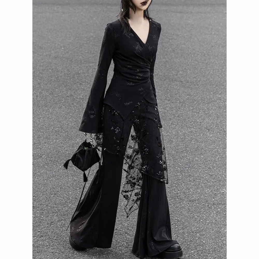 

High Waist Lace Midi Skirt Embroidered Flower See Through Lace Drawstring Skirt Black Color Y2K Streetwear
