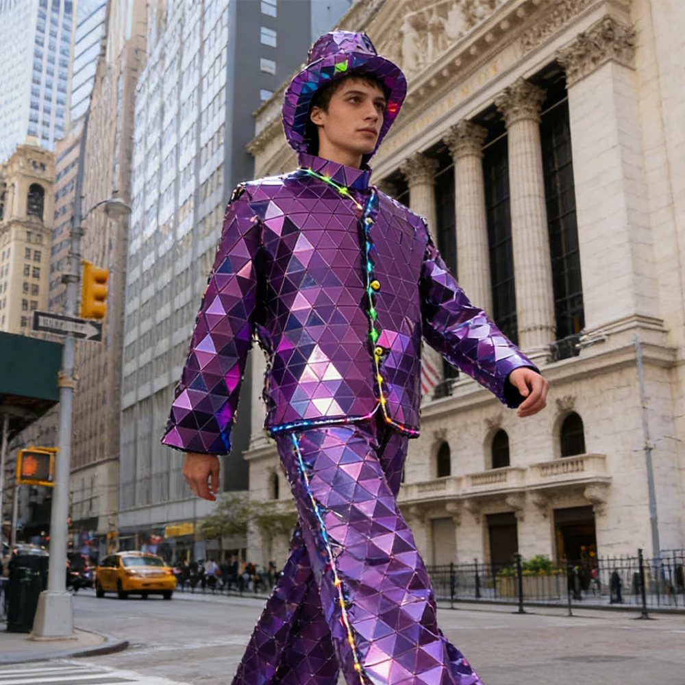 

Purple LED Mirror Man Stilt Costume Reflective Disco Mirror Suit with Hat Mask for Stage Performance Nightclub Bar Show