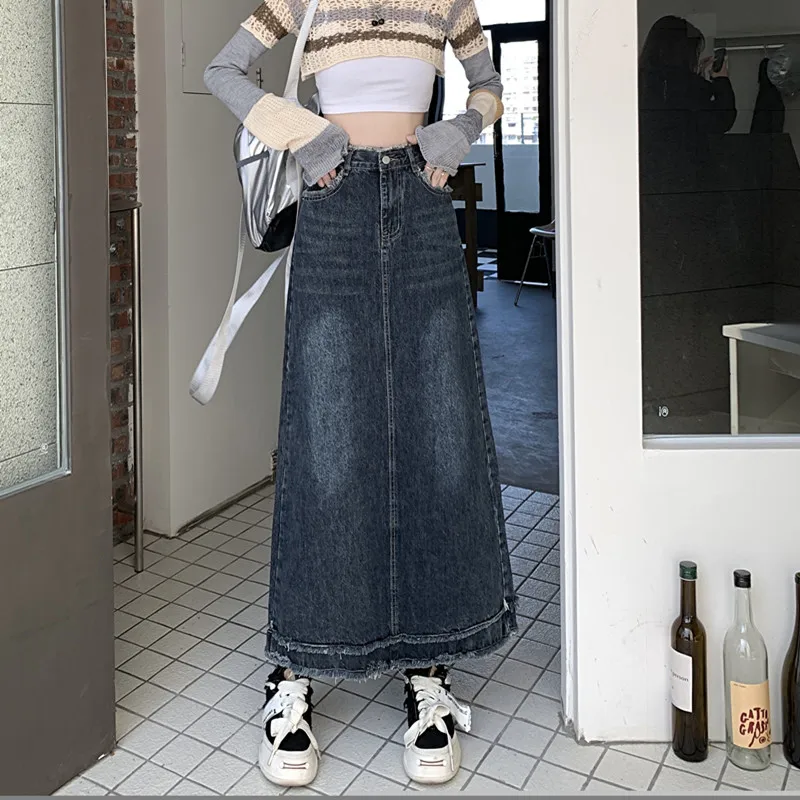 

Vintage Blue Raw Edge Denim Skirts New Women's High Waist A-Line Temperament Skirts Fashion Versatile Mid-Length Jean Skirt