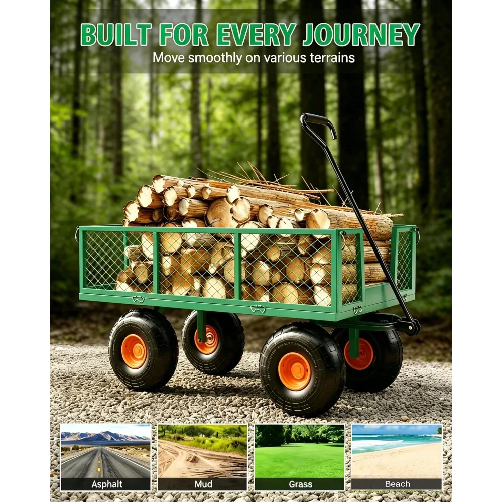 Heavy Duty Steel Garden Cart 500 LBS Capacity 3-in-1 Pullable Wagon with 10 in Wheels for Gardening Soil, Tools, and Plant Transport