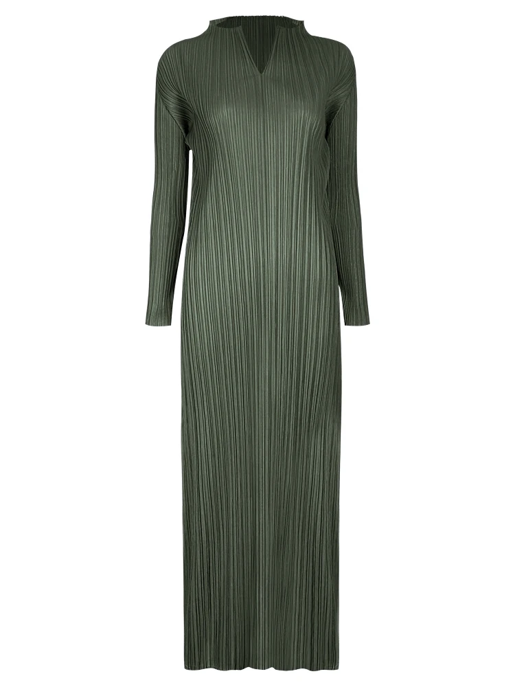 Miyake Pleated Long Sleeve V-neck Dress Women Spring Korean Fashion  Designer Casual Black Dresses Elegant Aesthetic Clothes - AliExpress  200000345