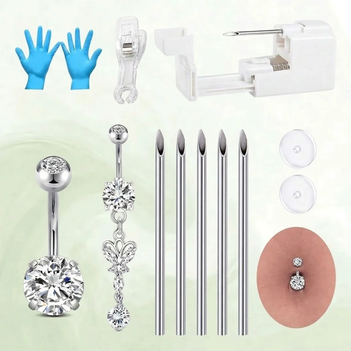 Belly Button Piercing Kit, Professional Self Piercing Gun Tool Set with Navel Rings,Piercing Needles, Gloves Stabilizer Clamp