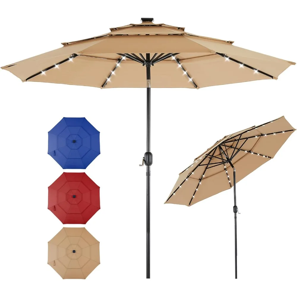 

10FT 3-Tier Solar Patio Umbrella with 32 LED Lights, Outdoor Umbrellas with Push Button Tilt and Crank, Tilting Table Umbrella w