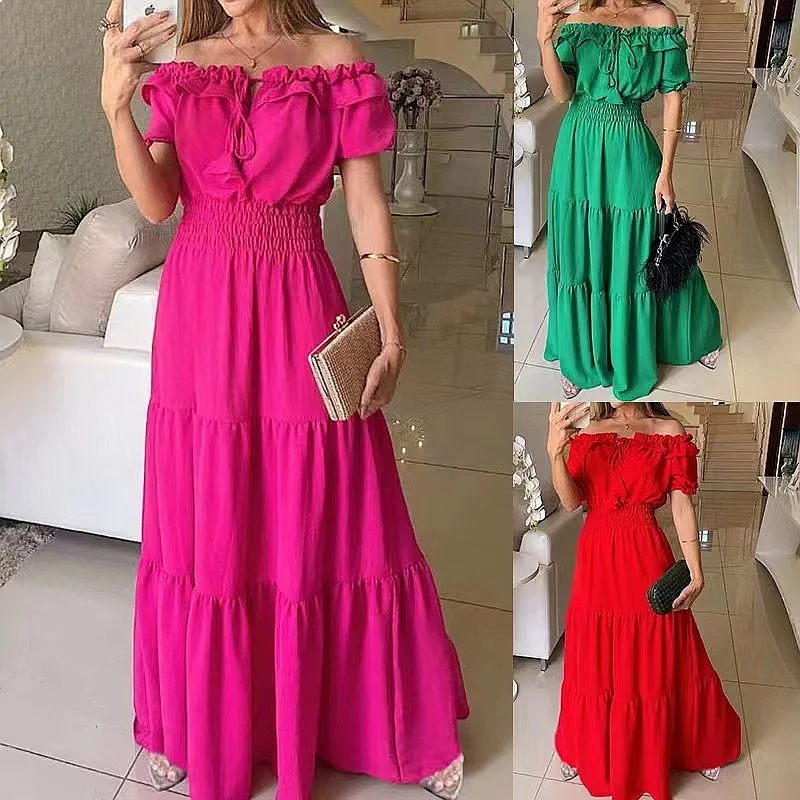 Fashion Solid Color Leaf Tie Hem Strapless Bubble Sleeve Swing Dress, Elegant Formal Evening Dress Matching Set