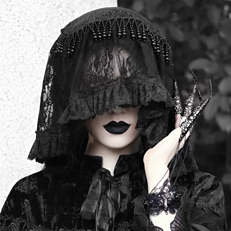 

Blood Supply Original Design Classical Gothic Black Heavy Lace Covering Dark Lace Headdress with Veil Headband