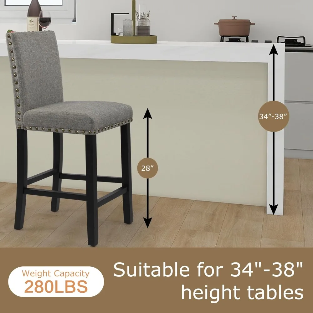 Conjunto de 4 bancos de bar com decoração de cabeça de prego Almofadas macias de 24 polegadas com bancos de pernas de madeira maciça (cinza)